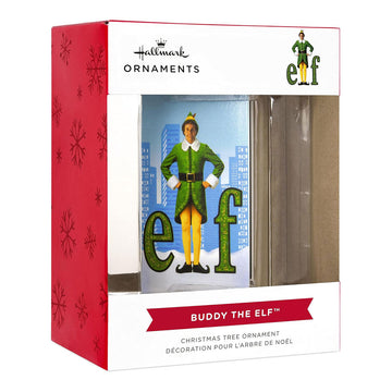 Hallmark Buddy the Elf Christmas ornament packaging with red and white design.